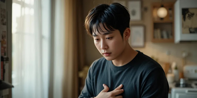 아침 피로를 느끼는 남성의 모습 아침에 배를 움켜쥔 피곤한 남성의 모습