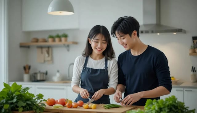 건강한 식재료를 함께 준비하는 모습 함께 채소를 손질하는 부부의 모습