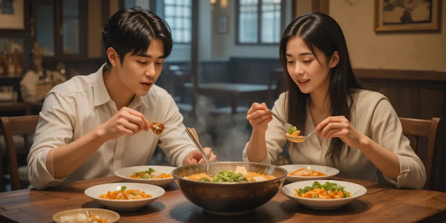 따뜻한 식사로 해장하는 부부의 모습 해장국과 반찬을 함께 먹는 부부의 모습