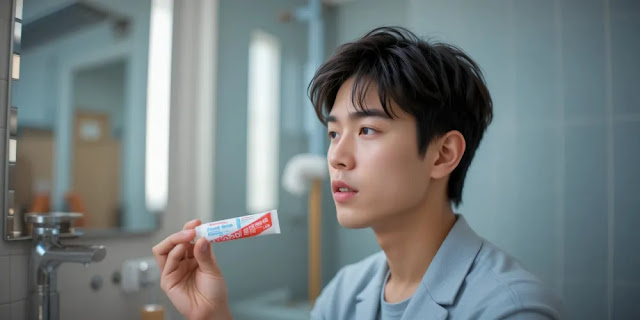 치약 성분표를 꼼꼼히 확인하는 남성의 모습
