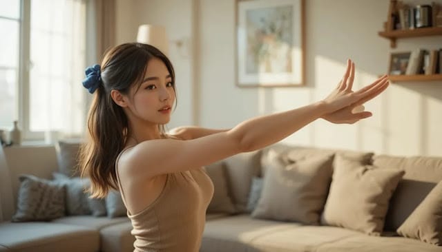 식사 후 가볍게 몸을 푸는 일상의 모습 식사 후 가볍게 스트레칭하는 여성의 모습