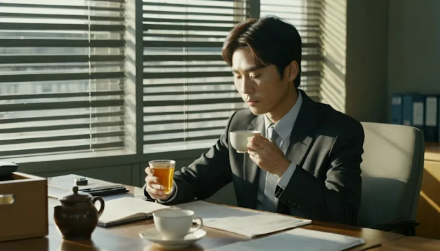 업무 중 차 한잔의 여유로 마음을 진정시키는 직장인의 휴식 모습