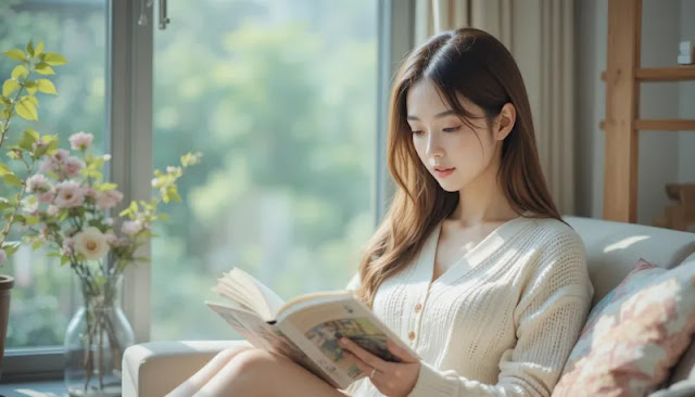 자연광 아래 독서를 즐기며 눈을 쉬게 하는 모습 창가에서 편안히 책을 읽는 여성의 모습