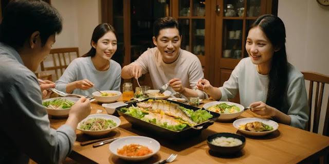 균형 잡힌 가족 식사 시간 모습 가족이 샐러드와 생선구이로 저녁을 함께 즐기는 모습
