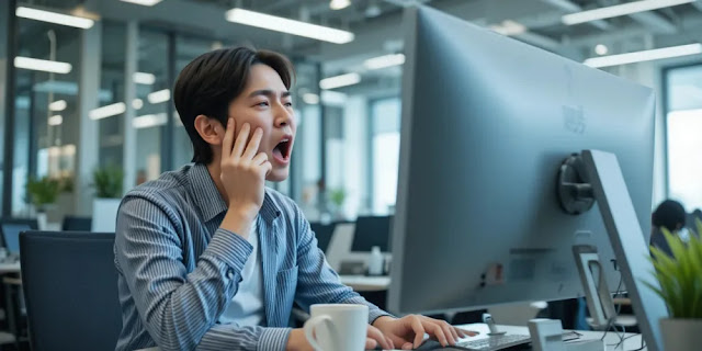 사무실에서 졸음을 참는 직장인의 모습