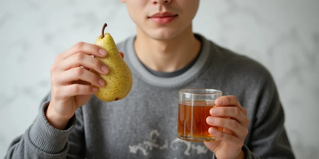 과일과 차로 해장하는 모습 배와 숙취 차를 들고 있는 남성의 모습