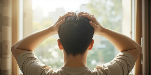 스트레스로 인한 탈모 예방을 위한 스트레칭 모습 창가에서 목과 어깨를 스트레칭하는 모습