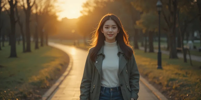 식사 후 공원을 산책하는 여성의 모습