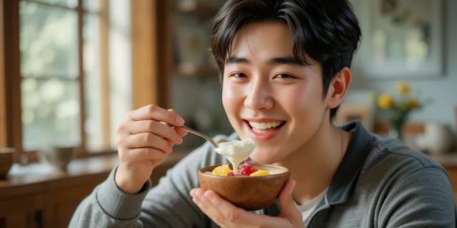 과일이 든 요거트를 아침 식사로 먹고 있는 남성의 모습