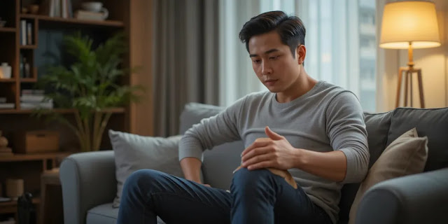 하루 피로를 풀기 위해 관절 통증 완화 마사지를 하는 남성의 모습 소파에 앉아 어깨와 무릎을 마사지하며 피로를 푸는 남성의 릴렉스한 모습