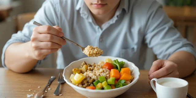 오트밀과 찐 채소로 식사를 하는 남성의 모습