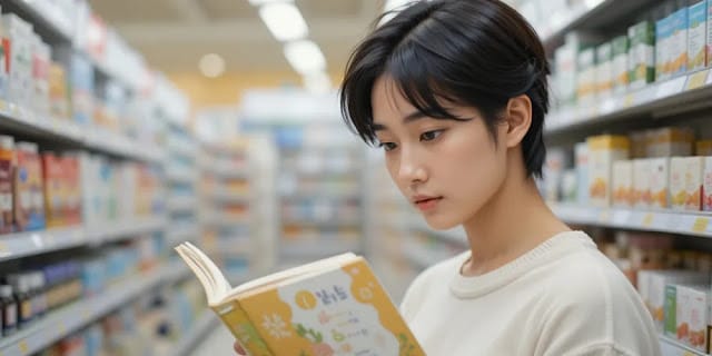 진열대에서 유산균 제품 정보를 읽고 있는 모습