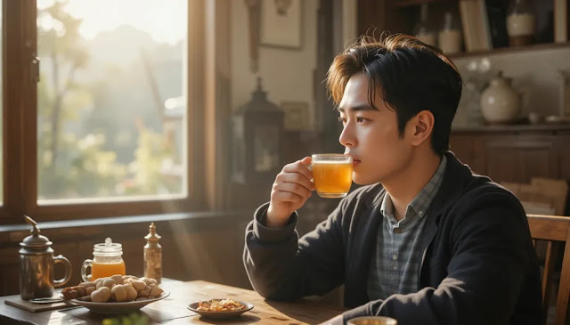 따뜻한 차로 면역력을 챙기는 일상 모습 생강차와 꿀을 마시며 아침을 보내는 모습