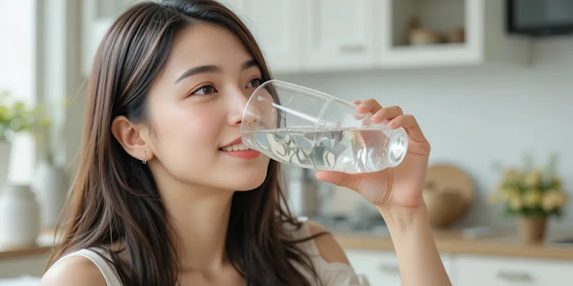 수분 섭취로 두피 건강을 챙기는 모습 물을 마시며 미소 짓는 여성의 모습