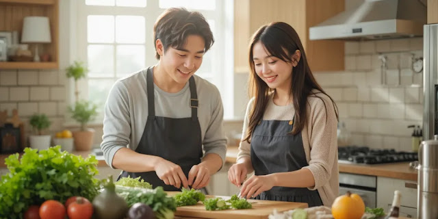 함께 채소를 손질하며 웃는 부부의 모습
