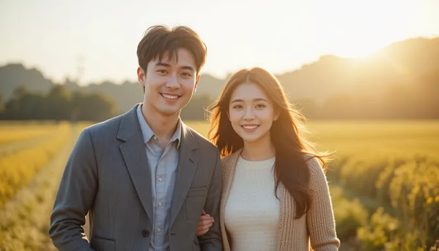 일상 속 눈 건강을 챙기는 여유로운 모습 아침 햇살 아래 산책하며 미소 짓는 커플의 모습