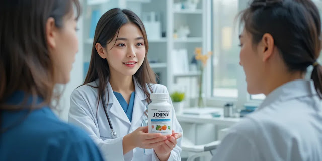 영양사가 관절 관리 보조제를 안내하는 건강 상담 장면 모습 환자에게 관절 건강 영양제를 설명하는 영양사의 전문 상담 장면 모습