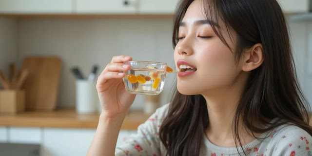 주방에서 물과 함께 멀티비타민을 복용 중인 사람의 모습