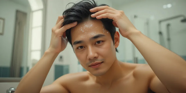 일상 속 탈모 예방 루틴을 실천하는 모습 두피 토닉을 차분히 바르는 남성의 모습