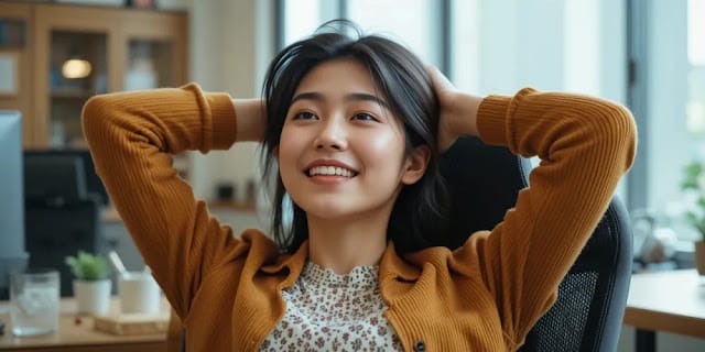 유산균 복용 후 의자에 앉아 기지개를 켜는 직장인의 모습