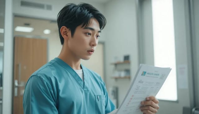 건강 상태를 점검하며 놀란 모습 건강검진 결과를 살펴보는 남성의 모습