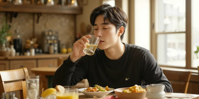 따뜻한 물을 천천히 마시는 남성의 모습