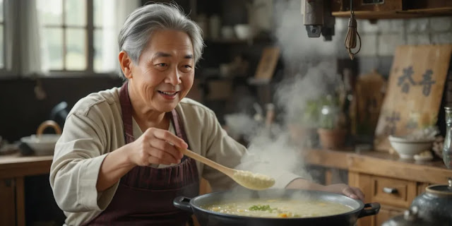 채소죽을 정성껏 끓이는 노인의 모습