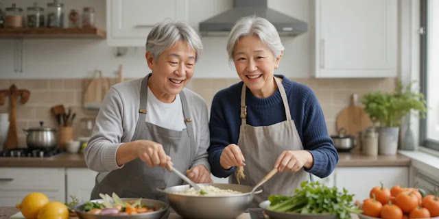 함께 채소 요리를 만들며 웃고 있는 노부부의 모습