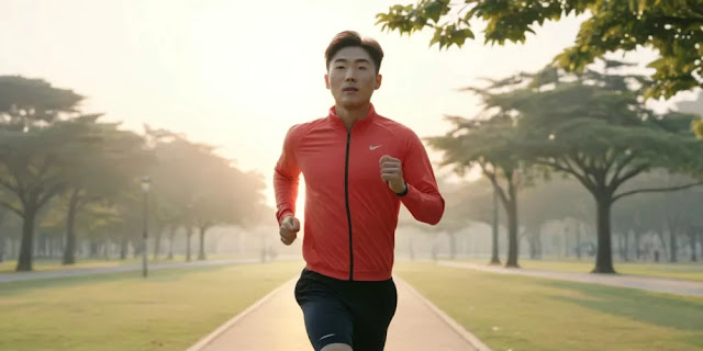 식단과 운동으로 균형 잡는 모습 아침 햇살 아래 공원에서 조깅하며 운동하는 남성의 모습