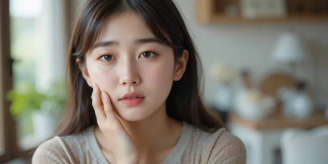 입 안의 자극으로 불편함을 느끼며 볼을 감싸는 여성의 모습