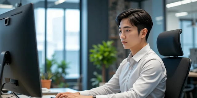 올바른 자세로 앉아 일하는 직장인의 모습