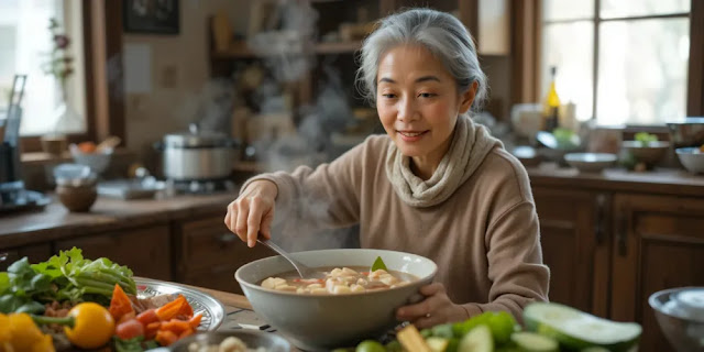 채소와 두부로 부드러운 국을 끓이는 노부인의 모습