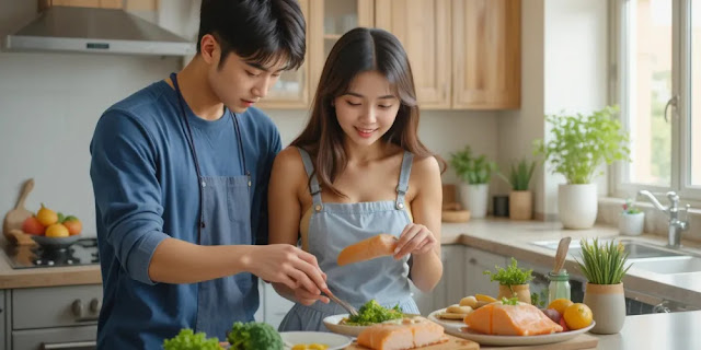 관절에 좋은 음식을 준비하는 부부의 따뜻한 식사 준비 모습 연어와 두부로 건강한 식사를 준비하는 부부의 활기찬 주방 모습