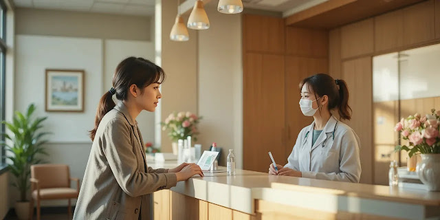 독감 예방 접종 시기를 안내받는 장면 독감 예방접종 시기를 상담하는 모습