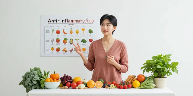 항염증 음식표를 설명하며 영양 정보를 전하는 영양사의 모습