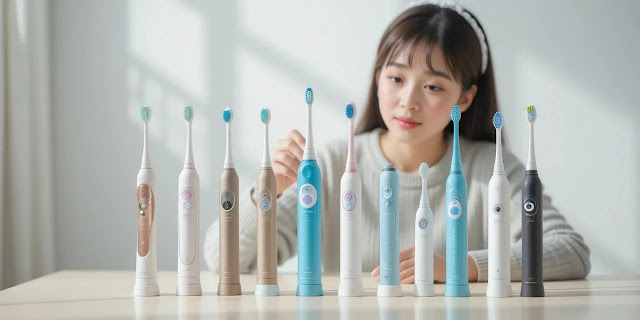 전동칫솔 제품을 비교하는 여성의 모습