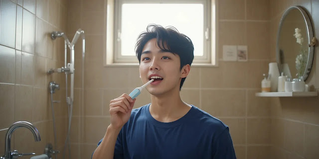 전동칫솔로 양치하는 남성의 모습