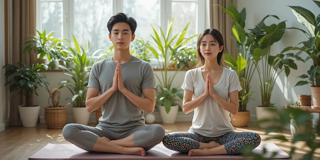 부부가 함께 요가로 몸의 균형을 잡는 모습