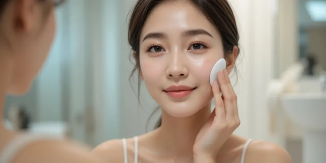 토너 패드를 얼굴에 부드럽게 사용하는 여성의 저녁 스킨케어 루틴 모습
