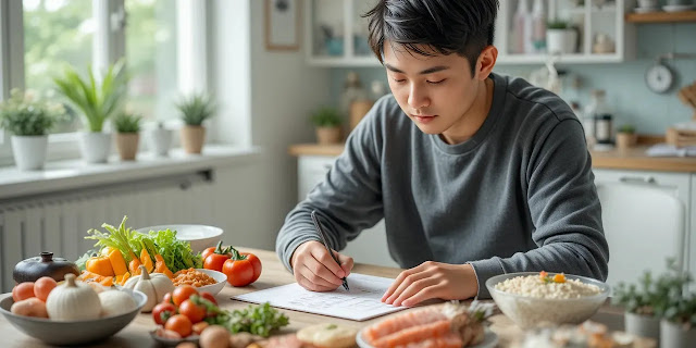 일주일 식단 계획을 세우며 건강을 관리하는 모습