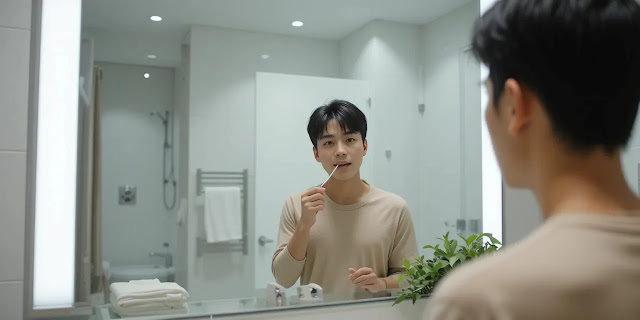 거울 앞에서 치실 사용하는 남성의 모습