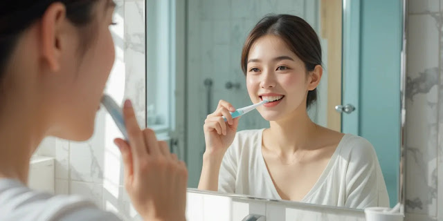 전동칫솔로 양치하는 모습