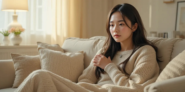 소파에서 피로함을 느끼며 쉬고 있는 모습