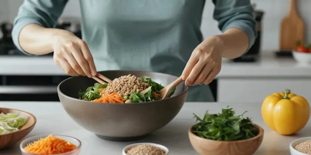 건강한 재료로 식단을 설명하는 영양사의 모습