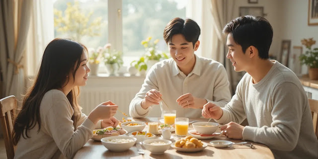 가족이 함께 건강한 아침 식사를 나누는 모습