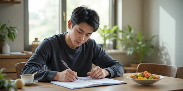 식단 루틴을 기록하며 꾸준한 항염증 생활을 이어가는 남성의 모습