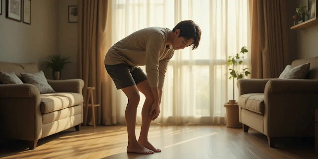 서서 무릎 안쪽 불편함을 느끼는 장면을 표현한 모습
