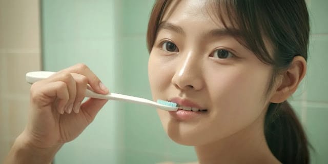 부드러운 칫솔로 잇몸 주변을 관리하는 모습