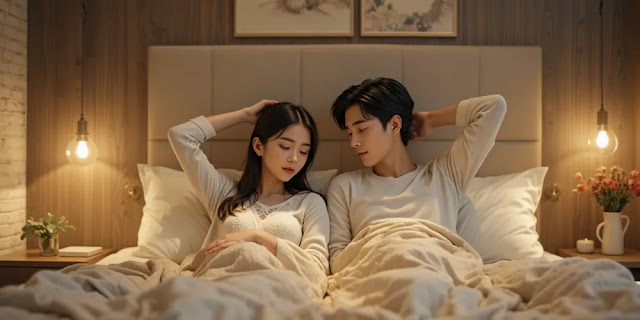 따뜻한 조명 아래에서 잠자기 좋은 환경을 만드는 모습 잠들기 전 침실 조명을 조정하는 부부의 모습