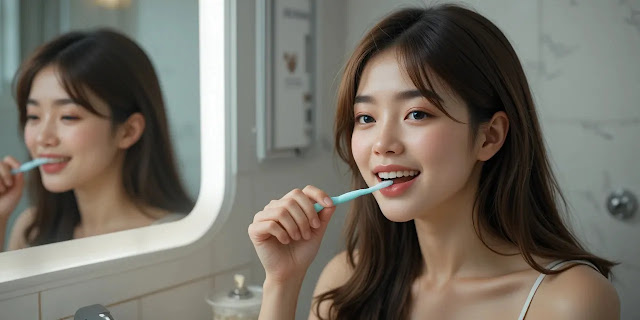 부드러운 칫솔모로 양치하며 통증을 관리하는 모습